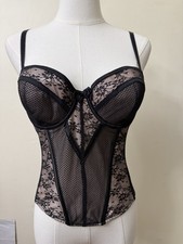 F F Black Floral Lace Mesh Basque Corset Bustier - Size 34C - Underwired