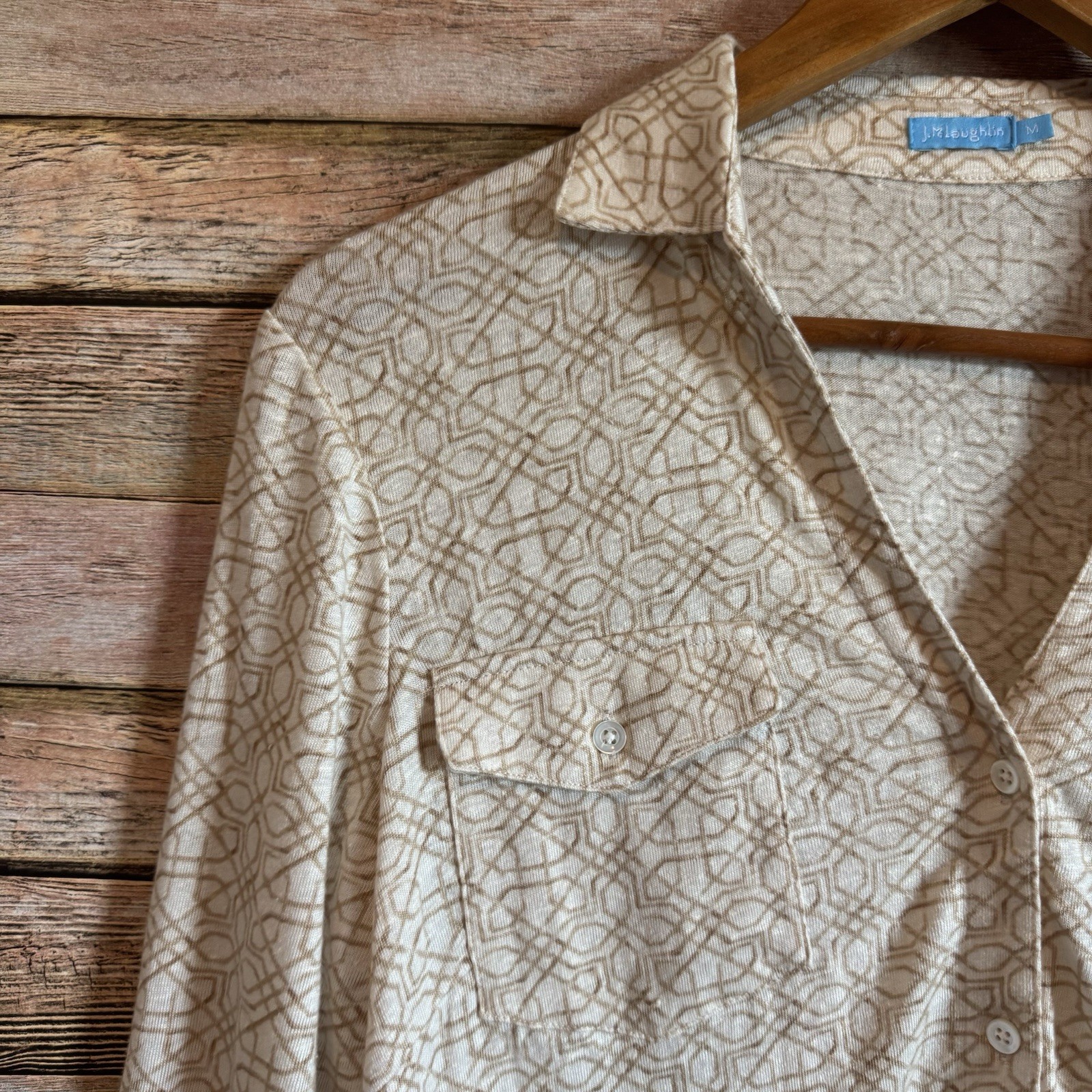 J. McLaughlin Women's Brynn Linen Blend Geometric Print 3/4 Sleeve Top Size M