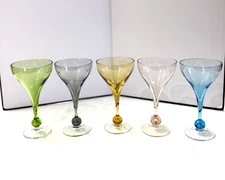Multicolor set of Five Crystal Stemmed Champagne Style Cordial Glasses 4.5" Tall