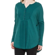 Free People Women's Leo Henley Tee Long Sleeve Shirt Teal Green White Medium M