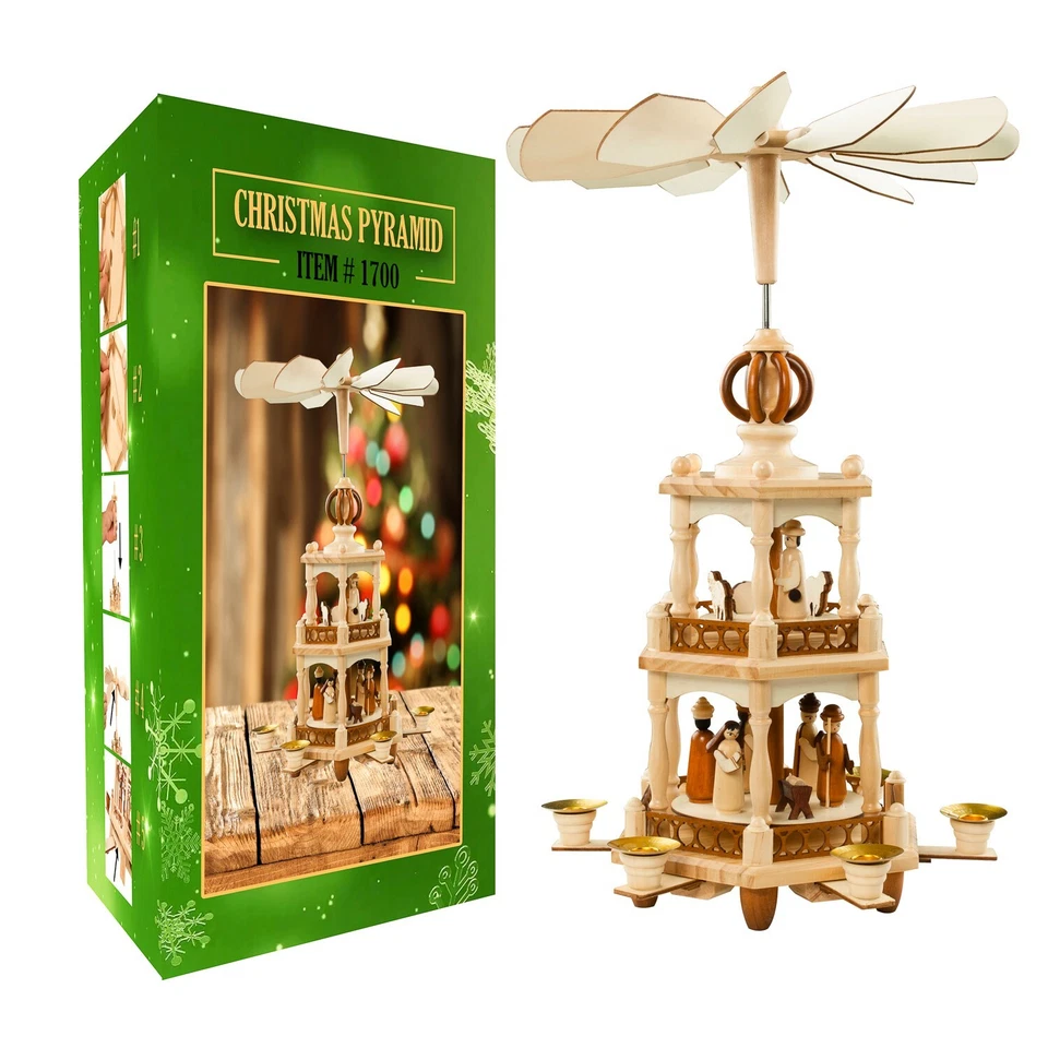 USA SUPREME German Style Christmas Pyramid Carousel Nativity Windmill Scene- 17.5 in