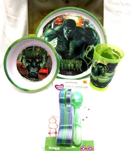Unisex The Incredible Hulk Mealtime Dinnerware Set Plate Bowl&Cup+Flatware-New - Picture 1 of 4