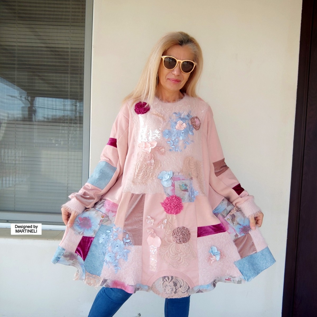 PLUS SIZE PINK DRESS 3XL LOOSE FLORAL SWEATSHIRT DRESS BOHO JEAN DRESS MAXI  TOP