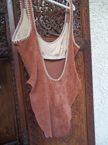 Vtg 70's Faux Suede Leather Swim Bathing Suit High Hip sz 38-40" M L Shok USA - Picture 19 of 20