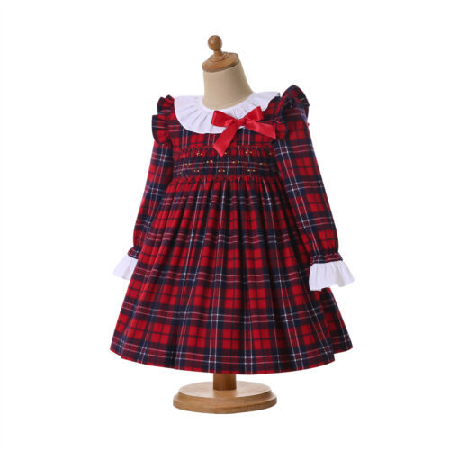 Girls Red Dress Long Sleeve Bow Lace Ruffles Plaid Dresses for New Year Xmas Day