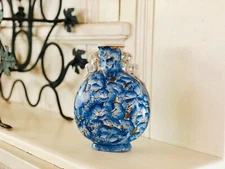 Beautiful Double Handled Vase Handpainted Flower Blue, 7 1/2"
