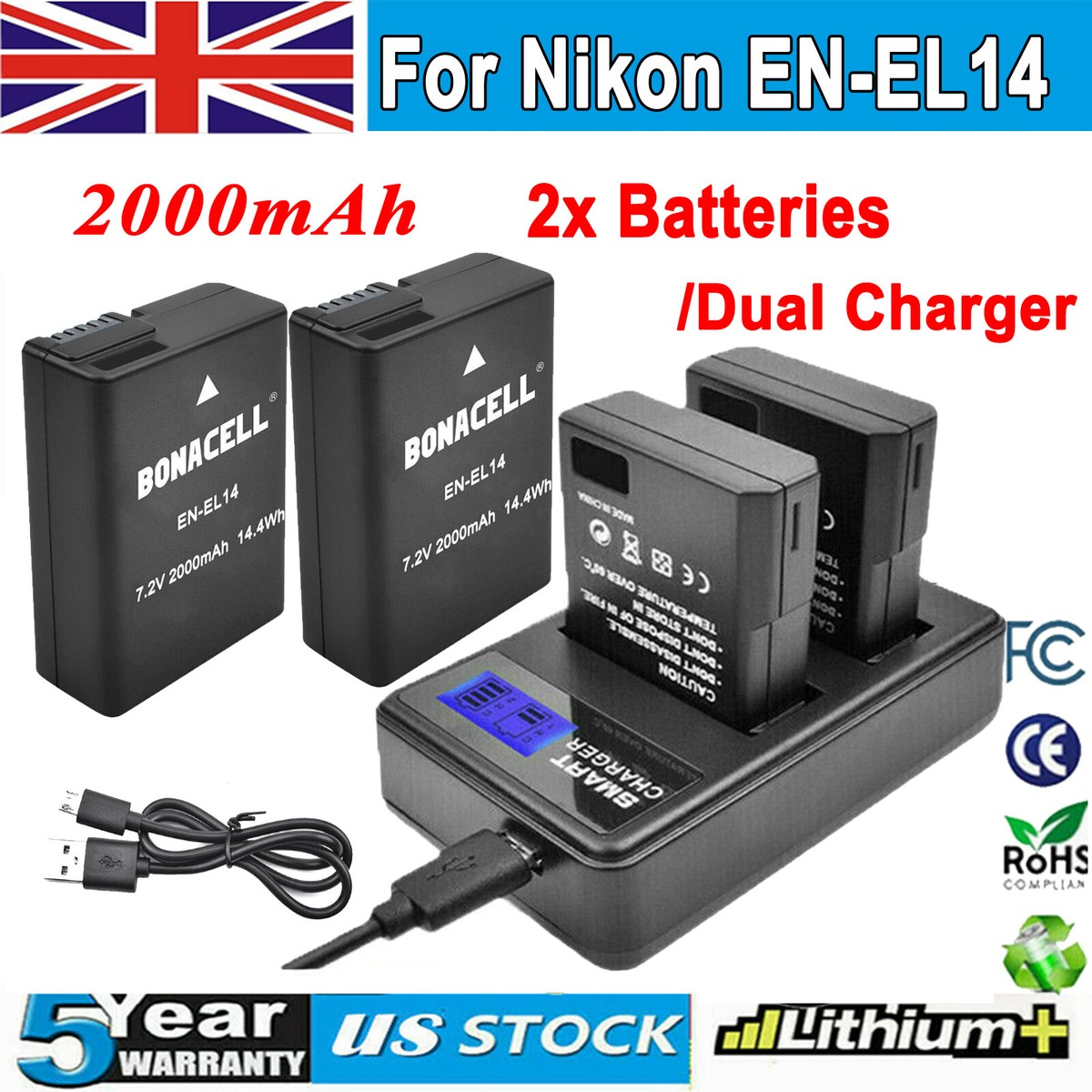 2x EN-EL14 EN-EL14A Battery for Nikon DSLR D3100 D3200 D5500 D5100