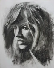 YARY DLUHOS Figure Woman Female Portrait Face Original Charcoal Painting
