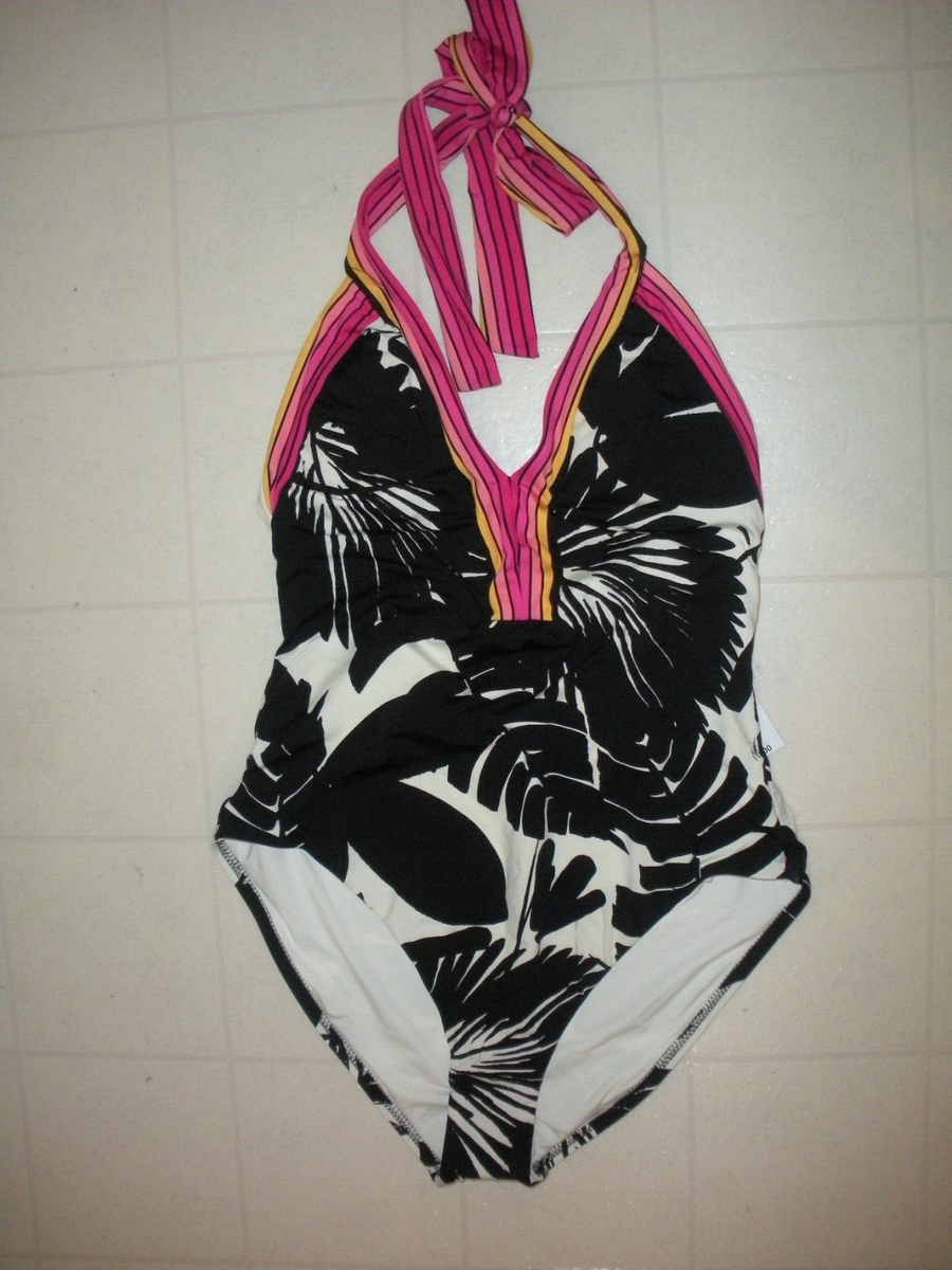 トップス n TRINA TURK Black & White Lennox 1 Pc V Neck Plunge Halter Swimsuit