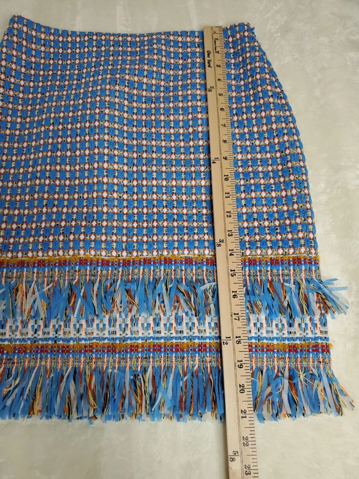 Saia lápis PER SE feminina tamanho EUA 2 franja de tweed boho azul branco  - Imagem 3 de 4