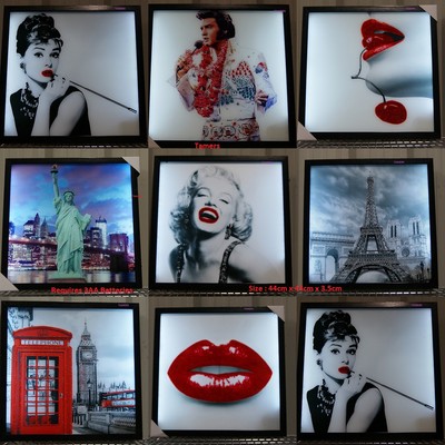 Quadratische LED Leuchtbilder London Paris New York Elvis Monroe Hepburn New York