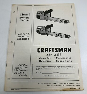 1978 Sears Craftsman Chainsaw 358.352320 358.352350 Owners Manual 2.3A ...