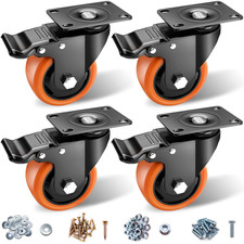 Casters, 3" Caster Wheels, Orange Polyurethane Castors, Top Plate Swivel Wheels,