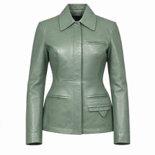 Luxury Sage Green Genuine Leather Jacket–Quilted Lining–Women’s Designer Style L