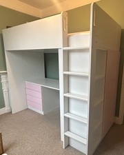 IKEA Smastad Loft Bed White/Pink with Desk, Wardrobe, Drawers, Shelves