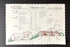 Original 50s TIMBERLINE LODGE, Mt. Hood, Oregon Placemat MENU + Silcox Hut RARE