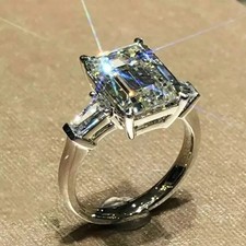 3Ct Emerald-Cut VVS1 Moissanite Solitaire Engagement Ring 14k White Gold Plated