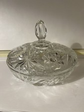 Vintage Unmarked Cut Glass Covered Candy Dish Starburst Pattern Crystal Bowl
