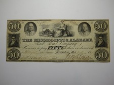 $50 1837 Brandon Mississippi Obsolete Currency Bank Note Bill Alabama Miss Rail