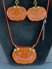 Halloween Pumpkin Jewelry Set - Glitter Jack-O-Lantern Necklace  Earrings