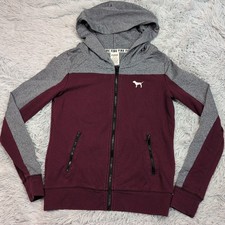 Pink Victoria's Secret Sweatshirt Womens XS Gray Maroon Hoodie Pockets Zip Up