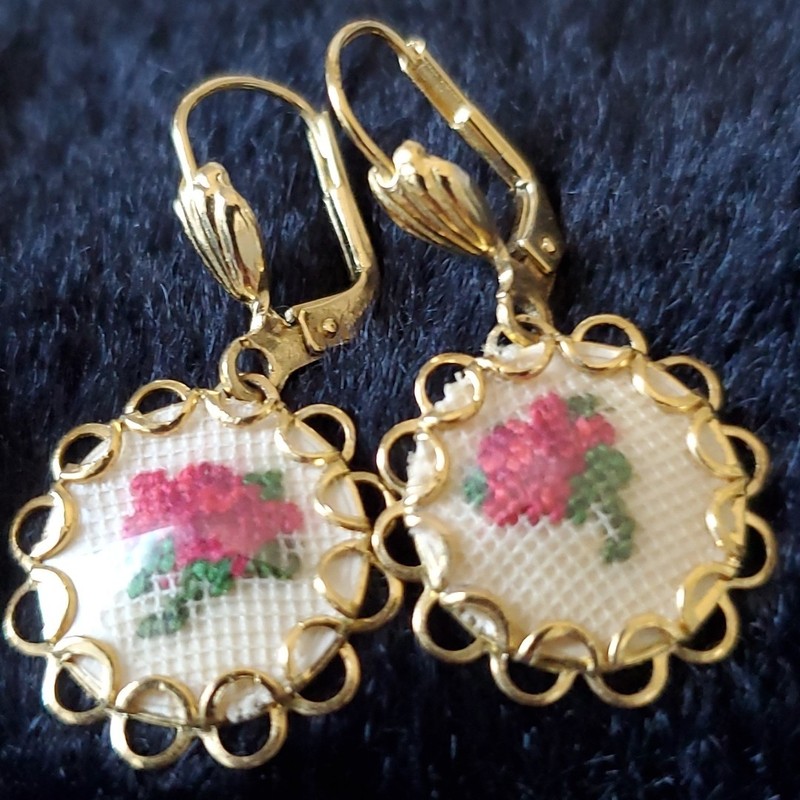 Vintage Petit Point Needlepoint Pierced Goldtone Earrings Signed GERMANY,  )