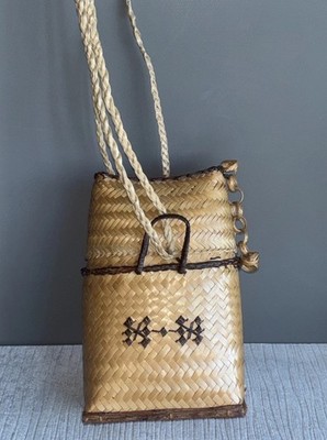 Vintage Filipino Rattan Woven Brown Handmade Wicker Basket Backpack  