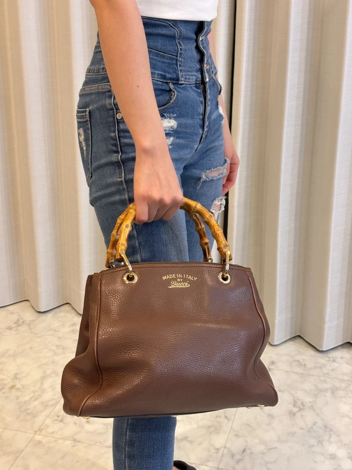 GUCCI Bamboo Shopper Small Tote Handbag Leather 50th Anniversary Floral Lining - Image 3 of 4