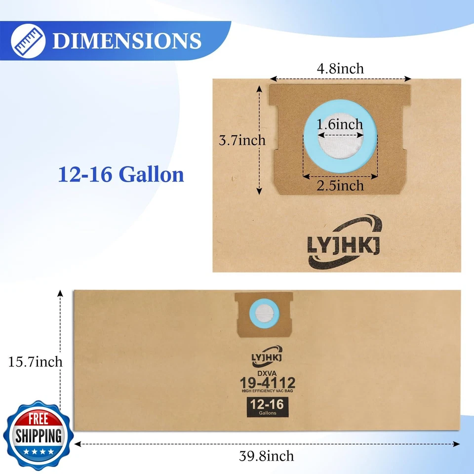 5 Pack DXVA19-4112, Vacuum Bags for DEWALT 12 to 16 Gallon Wet/Dry Vacuum, Di - Image 2 of 4
