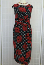 Precis Dress UK 8 Red Black Floral/ Polka Dot Print Bodycon Ruched Stretch Work