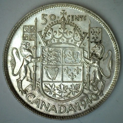 1940 Canada Silver 50 Cents Coin BU 50c Canadian Half Dollar Toned Uncirculated