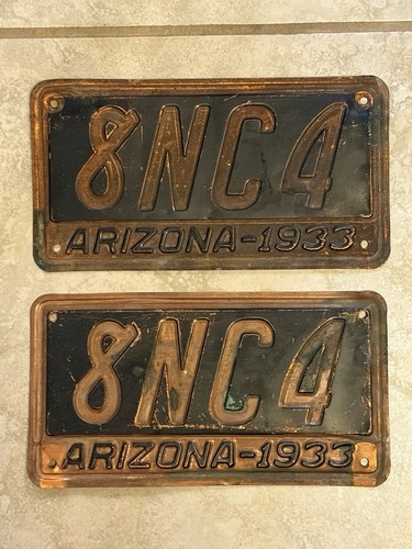 8NC4 Pair of 1933 Copper Arizona License Plates No Cracks No Holes unrestored 