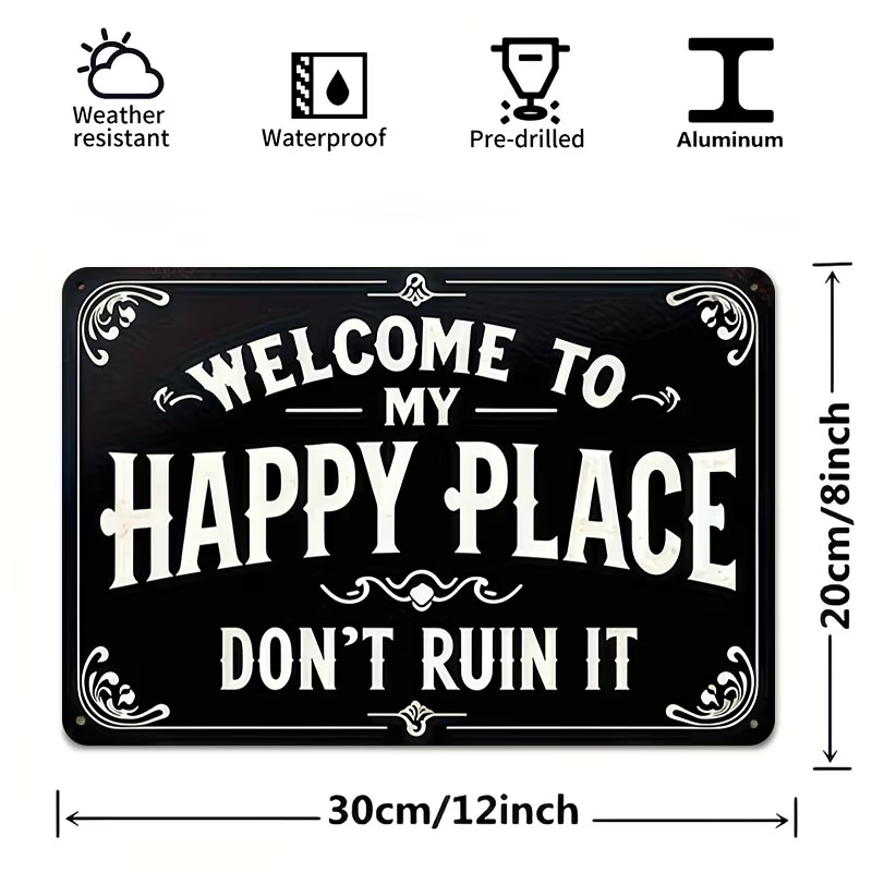 Vintage “Welcome to My Happy Place” Metal Sign – Rustic Farmhouse Wall ...