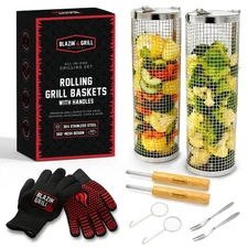 Rolling Grill Basket with Removable Handle | 2 x Grilling Basket & Smoker Acc...