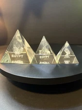 3-3D Laser Engraved Egypt Crystal Pyramid Souvenirs (3 Sizes). Rare!