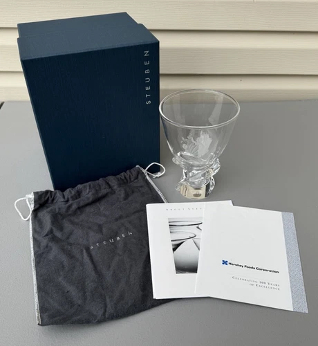 VINTAGE HERSHEY 100TH ANNIVERSARY STEUBEN CLEAR CRYSTAL ART GLASS VASE W/ BOX