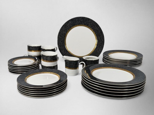 Retronue Imperial Gray 490 Fine China 33 Pc Set Service for 6 Gold Trim