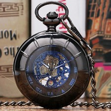 Black Steampunk Hollow Mechanical Hand Wind Pocket Watch Pendant Chain Gift