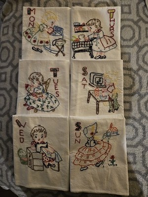 Vintage Dish Towels Embroidered Days of the Week 32''×16'' No Friday