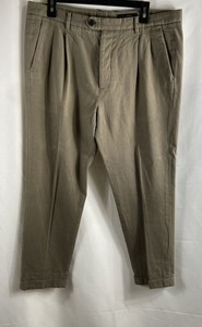 AllSaints Men's Khaki Cotton Wool Blend Pleated Tapered Cuffed Pants Size 34