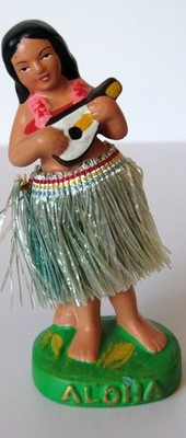 Vintage Original KN Japan Chalkware Aloha Hula Girl Ukelele Nodder 6''