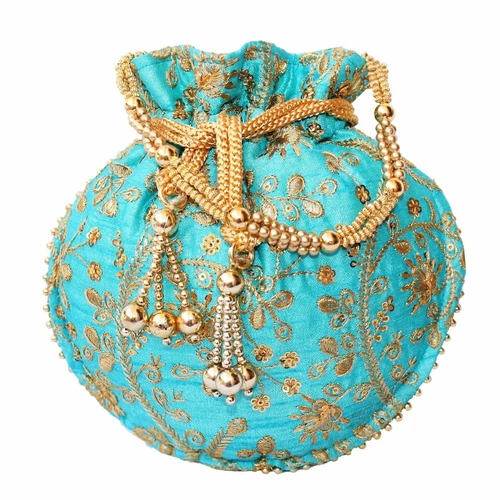 HANDMADE INDIAN ETHNIC CLUTCH SILK POTLI BATWA POUCH BAG WITH METAL BEADWORK
