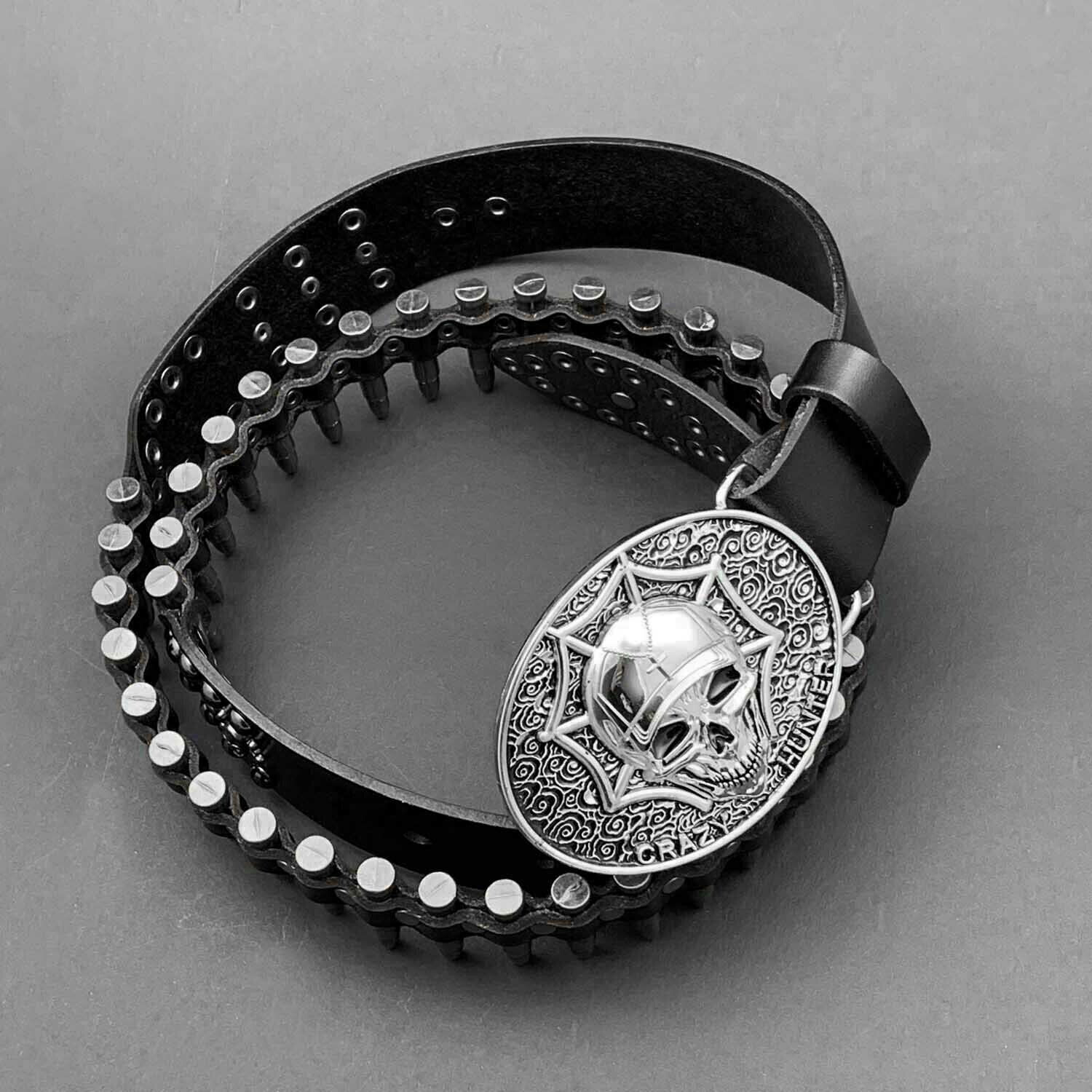 Mens Cow Leather Bullet Belt with Skull Buckle Waistband-image