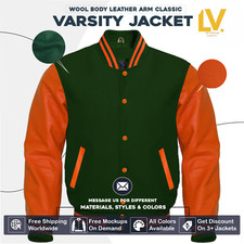 Varsity Letterman Jacket For Men Women  Kids Forest Green Body Orange Sleeves