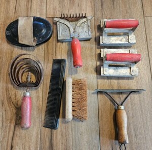 Vintage Lot Of 8 Older Horse Grooming Brushes, Scrappers, and Combs