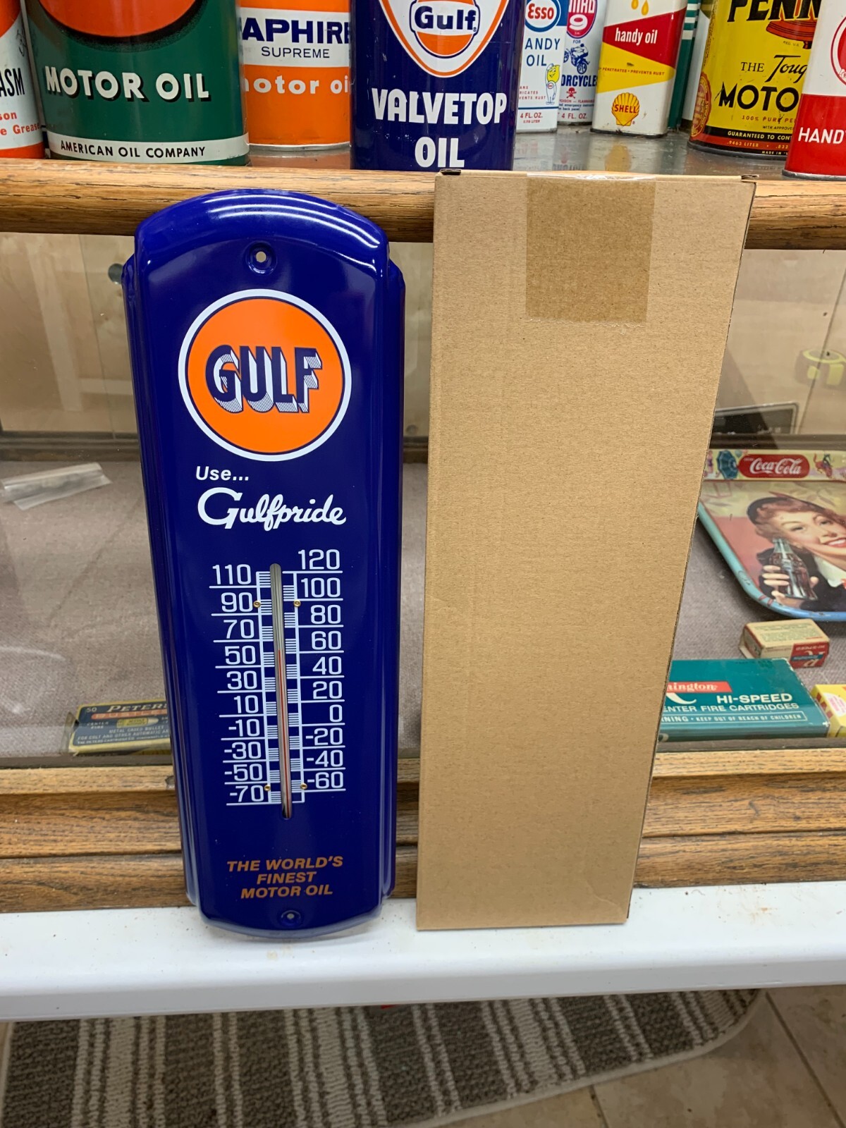 "GULF MOTOR OIL" METAL ADVERTISING THERMOMETER, (17"x 5") NEW IN BOX eBay