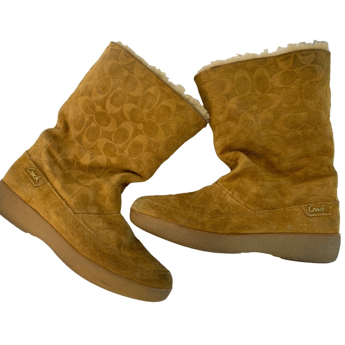 Coach Women's Suede Sherpa Lined Logo Boots Size 8B Tan Cuffable