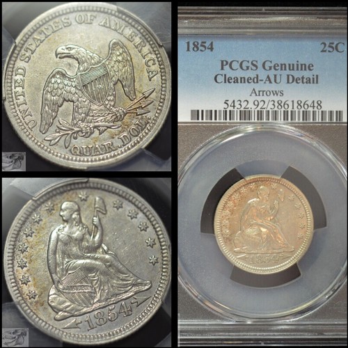 1854 Seated Liberty Quarter, PCGS Almost Uncirculated Details, Nice Luster C6223 - Picture 1 of 7