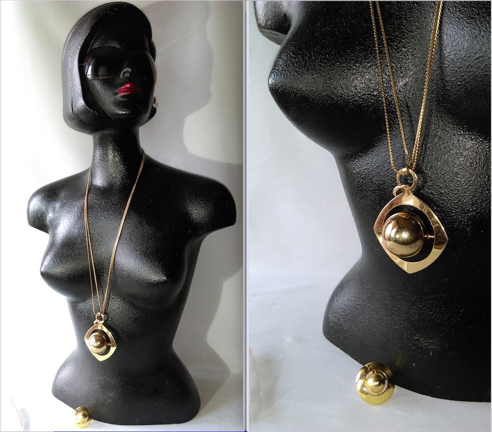 Parure Vintage Collier Sautoir + Bague - Style Pop Space Age Années 1960 - Métal Doré
