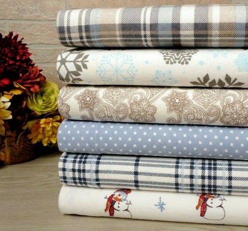 Bibb Home 4-Piece Printed Cotton Flannel Sheet Set - King - Grey Snowflakes